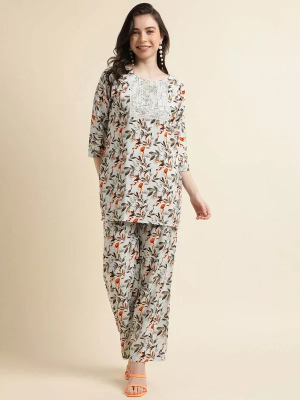 Grey Poly Crepe Digital Printed Top with Matching Bottom - Preeti - S