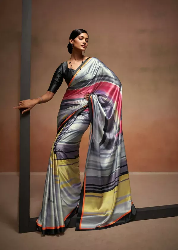 Grey Satin Digital Printed Saree with Unstitched Blouse Piece - Jodha