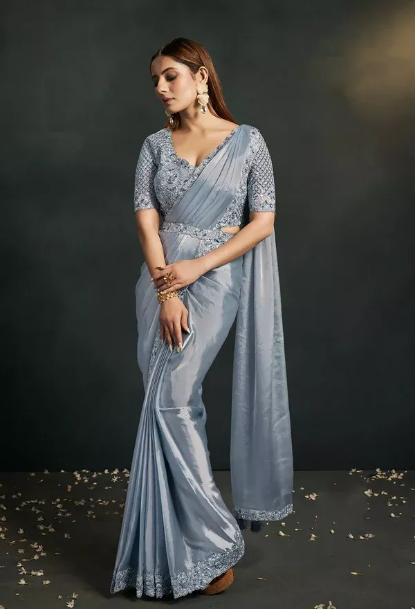Grey Silk Crepe Satin Cord Sequence & Thread Embroidered & Stone Work Saree - Moh-Manthan Royal Enigma