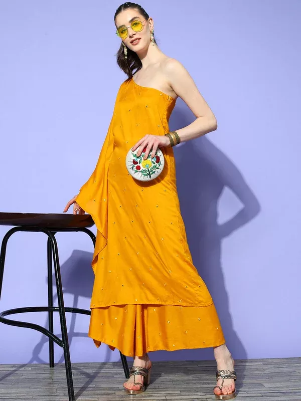 InWeave Women's Mustard Mirror Work One Shoulder Kurta Set - S