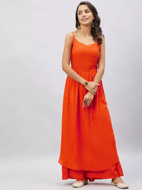 InWeave Women's Solid Orange Strappy Kurta Set - S
