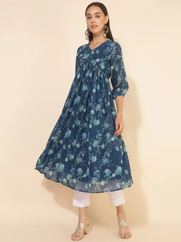 Janasya Blue Georgette Floral Printed Casual Kurta - S