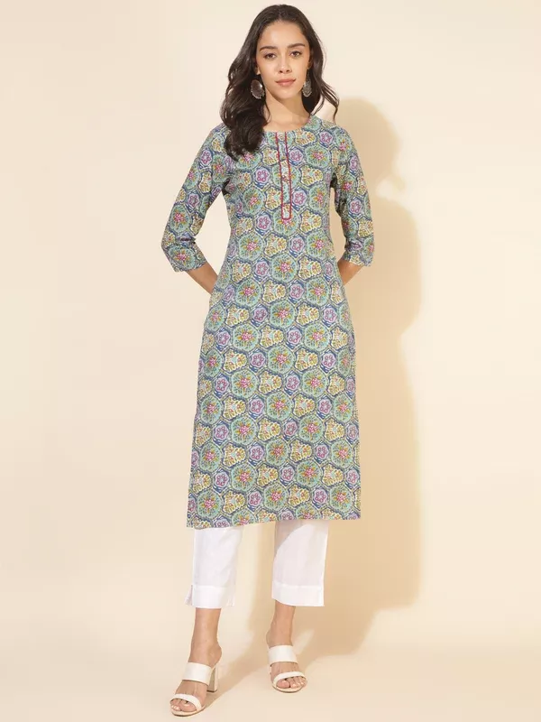 Janasya Multicolor Cotton Printed Casual Kurta - S