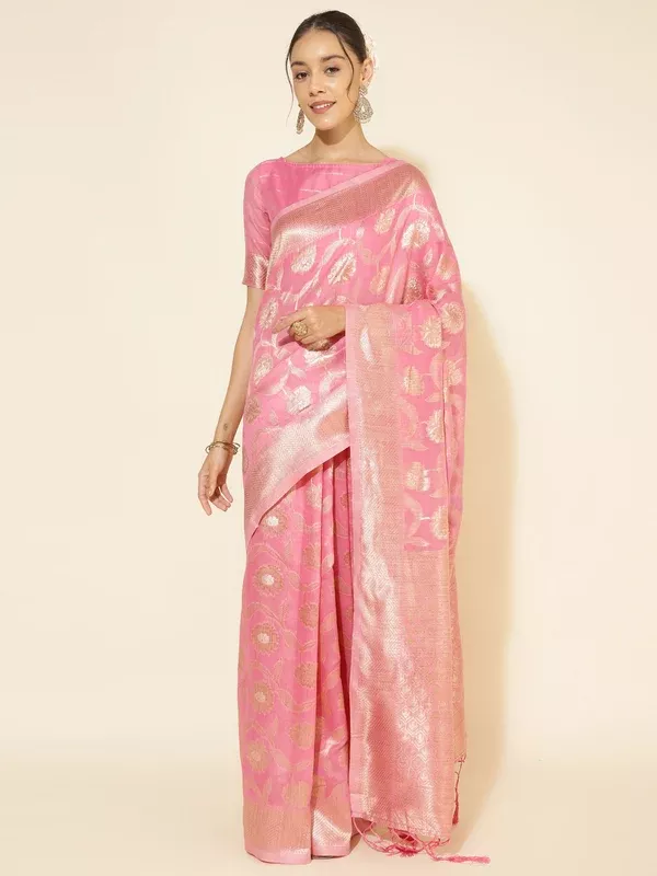 Janasya Pink Chanderi Silk Floral Woven Design Saree