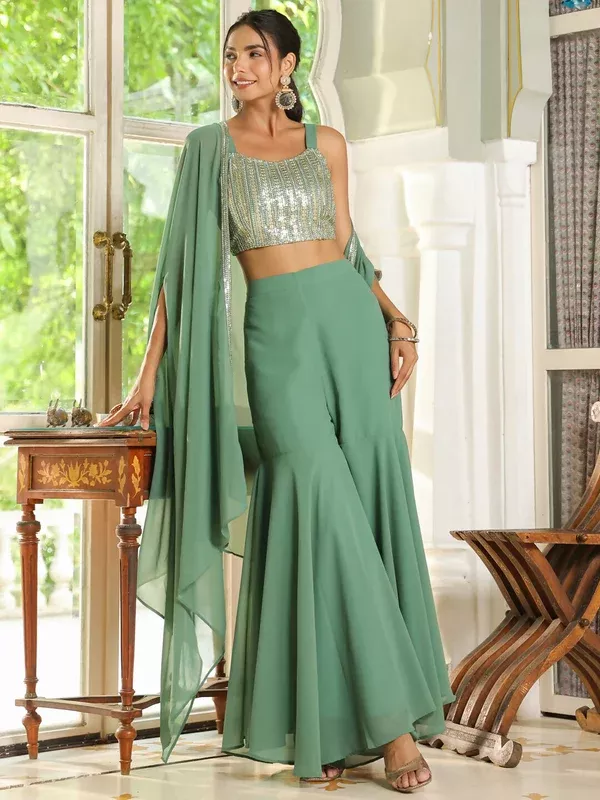 Janasya Sage Green Georgette Sequined Top Bottom Cape - M
