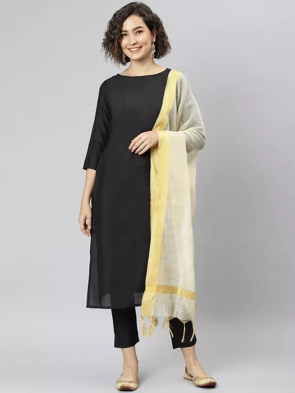 Janasya Women's Black Poly Silk Solid Straight Casual Kurta Set - XS