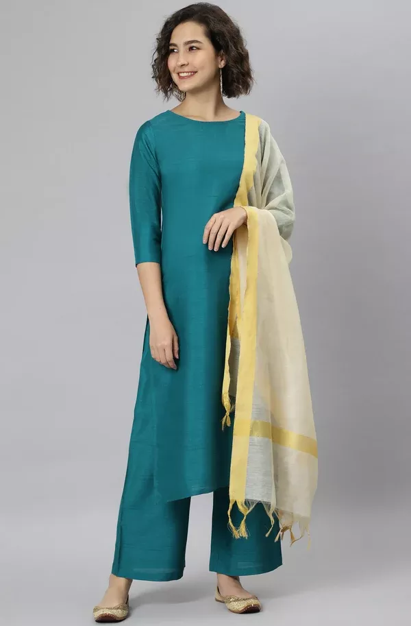 Janasya Women's Teal Poly Silk Solid Straight Casual Kurta Set - XS