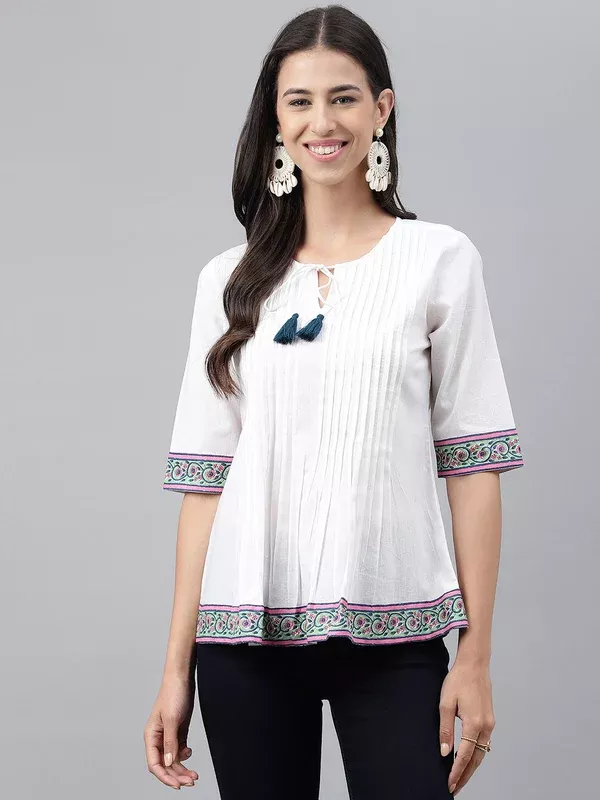 Janasya Women's White Cotton Solid Casual A-Line Top - S