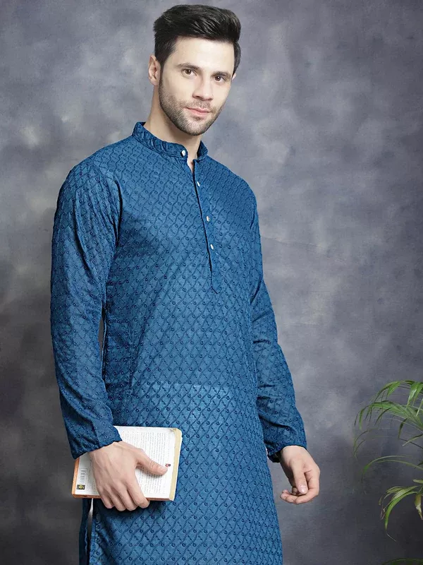 Jompers Men's Chikankari Pure Cotton Kurta - Peacock - S