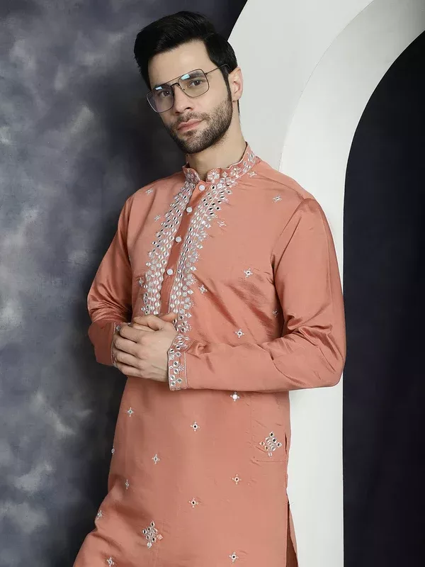 Jompers Men's Embroidered Kurta - Peach - S