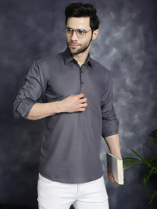 Jompers Men's Grey Solid Short Kurta - S