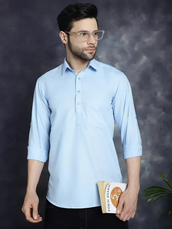 Jompers Men's Light Blue Solid Short Kurta - S