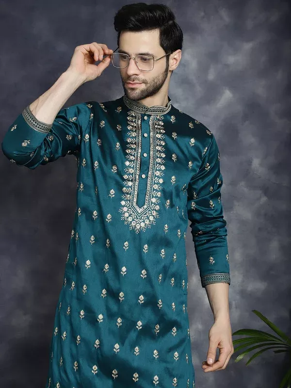 Jompers Men's Peacock Blue Chikankari Embroidered Kurta - Peacock - S