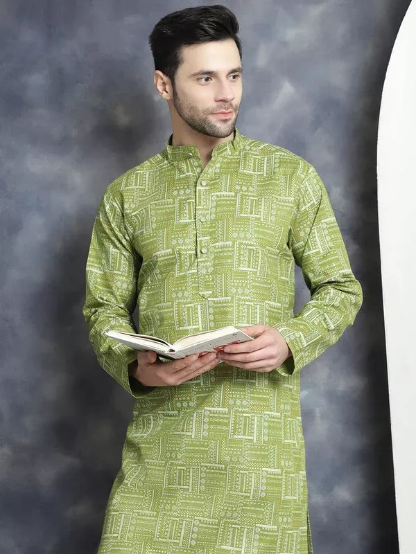 Jompers Men's Printed Kurta - Olive - S