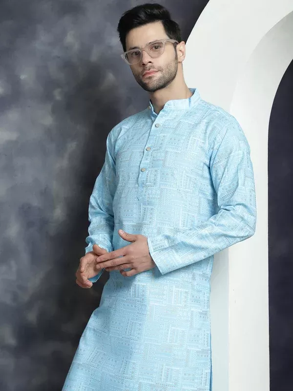 Jompers Men's Printed Kurta - Sky Blue - S