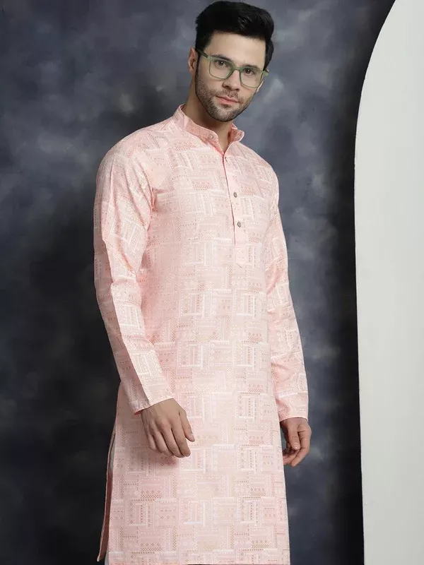 Jompers Men's Printed Kurta with Churidar - Peach - S