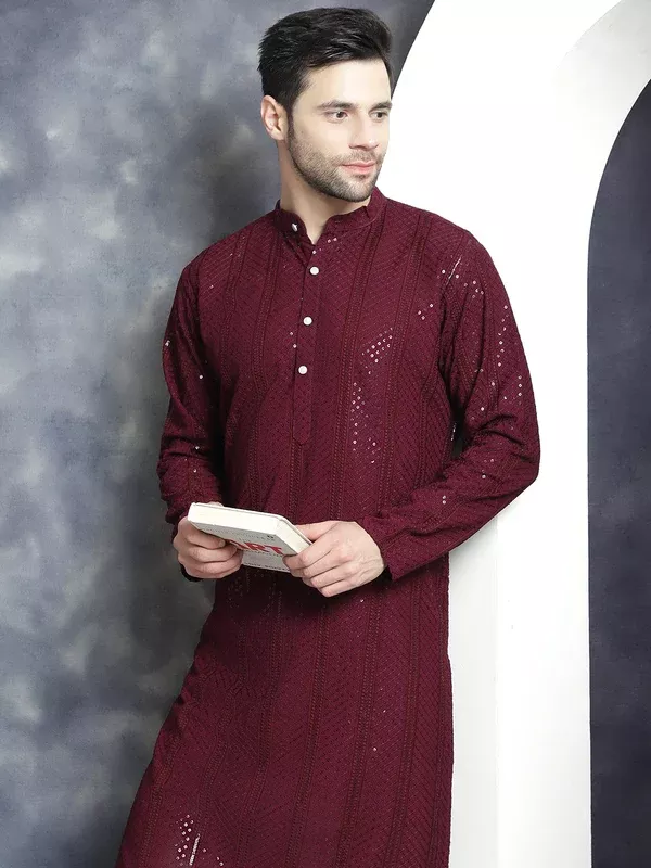 Jompers Men's Sequins Chikankari Embroidered Kurta - Purple - S