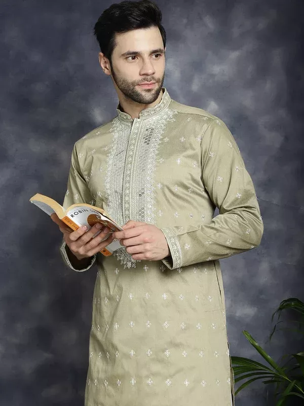 Jompers Men's Sequins Embroidered Kurta - Beige - S