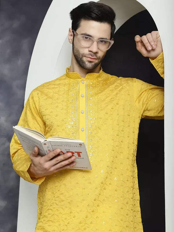 Jompers Men's Sequins Embroidered Kurta - Mustard - S