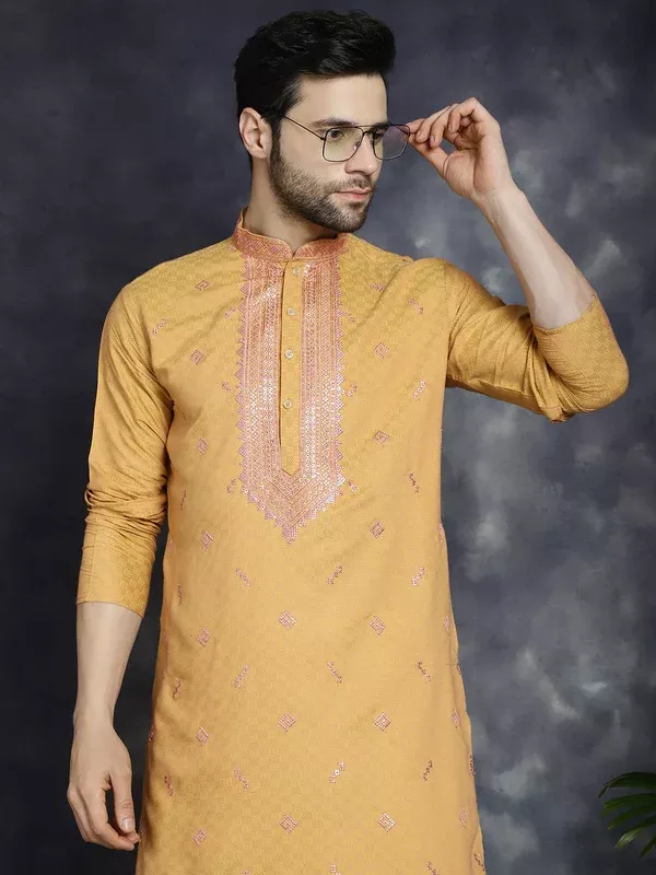 Jompers Men's Sequins Embroidered Kurta - Orange - S