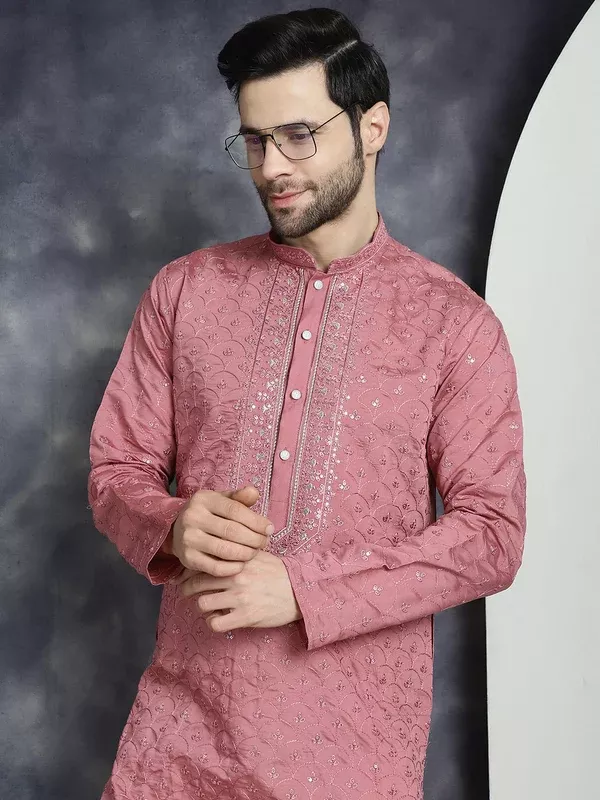 Jompers Men's Sequins Embroidered Kurta With Pyjama - Coral - S