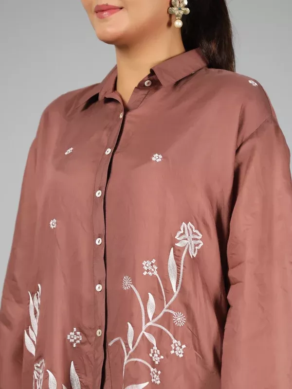 Juniper Brown Fuchsia Chanderi Embroidered Clothing Set - S