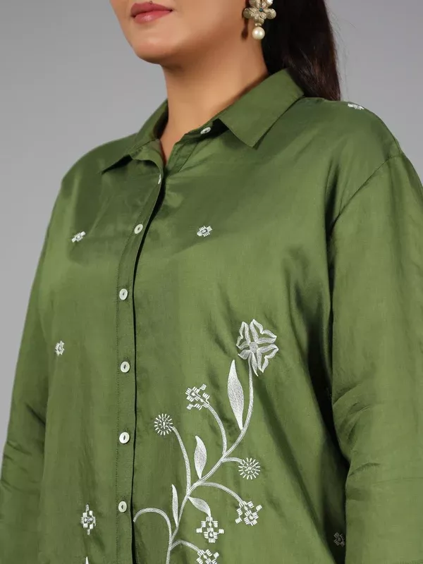 Juniper Olive Fuchsia Chanderi Embroidered Clothing Set - S