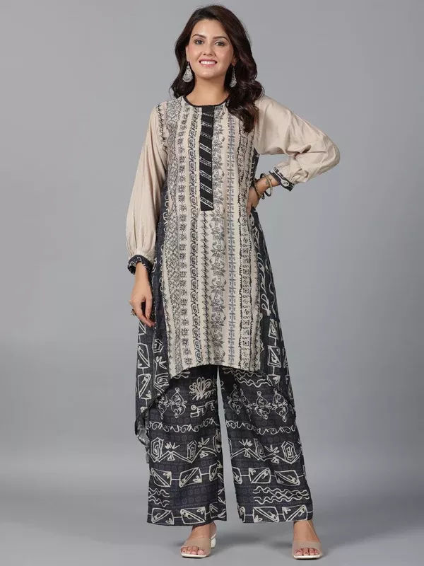 Juniper Women Beige Muslin Printed Kurta & Pants Set - S