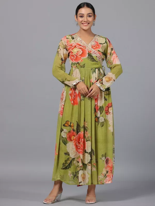 Juniper Women Green Georgette Printed Maxi Dress - M