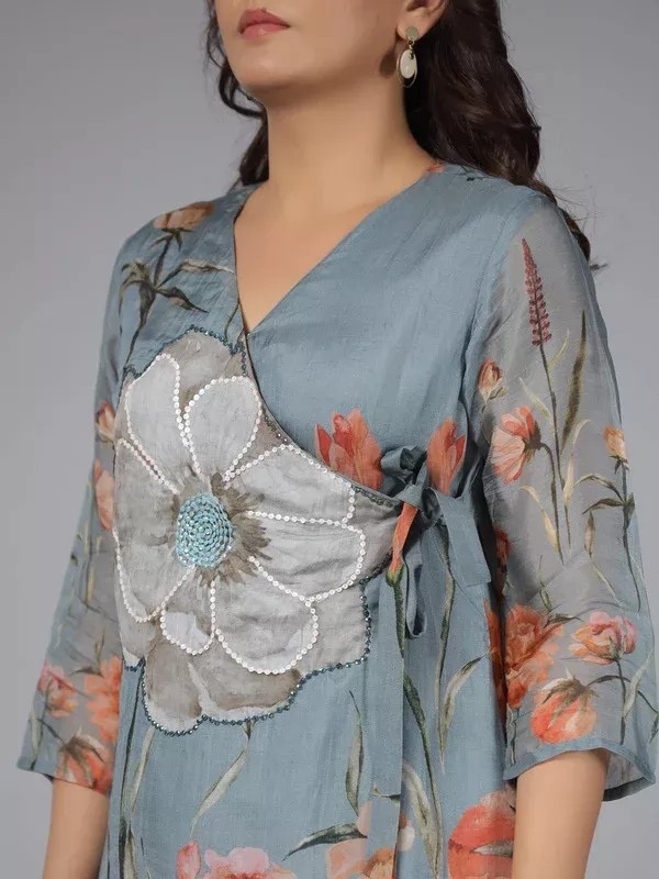 Juniper Women Grey Organza Printed Clothing Set - M