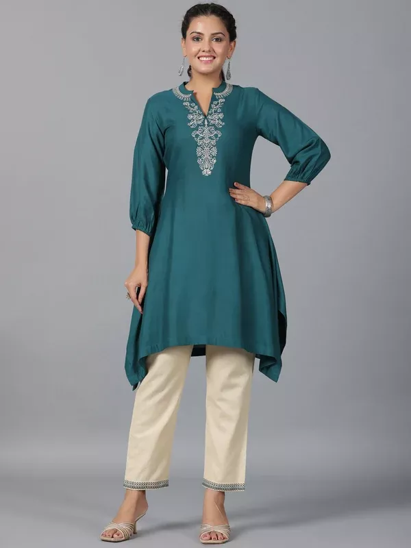 Juniper Women Teal Rayon Embroidered Asymmetric Kurta & Pants Set - S