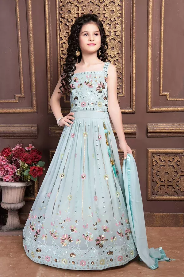 Kids Functional Designer Sky Georgette Lehenga Choli - Aaradhna - 24
