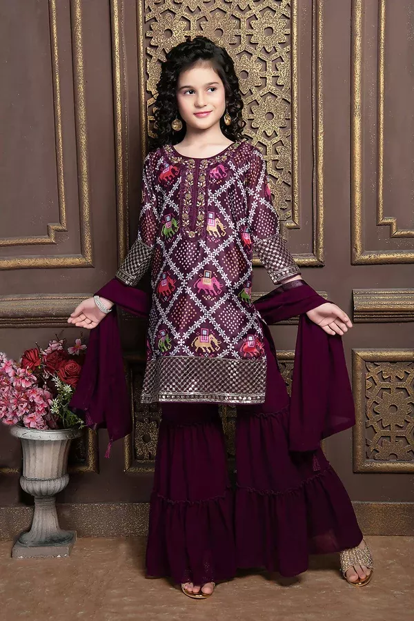 Kids Functional Designer Wine Georgette Sharara Suit - Aaradhna - 24