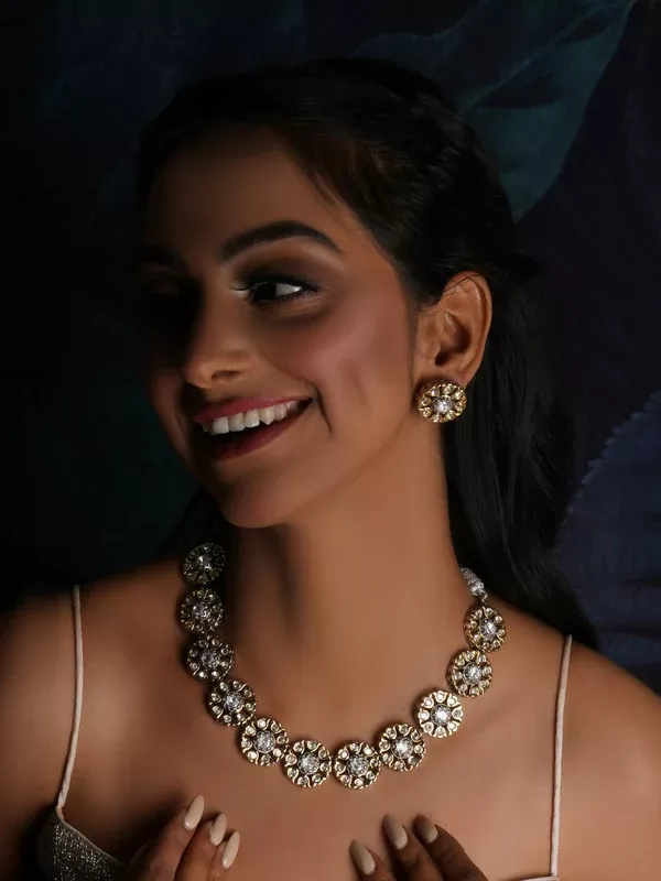Kundan Choker with Studs Jewellery Set (silver) - Ruby Raang - One Size