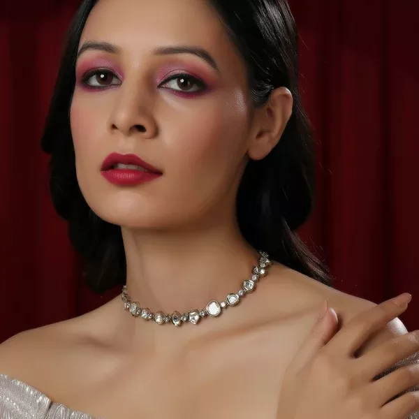 Kundan and Diamond Neckpiece (Silver) - Ruby Raang - One Size