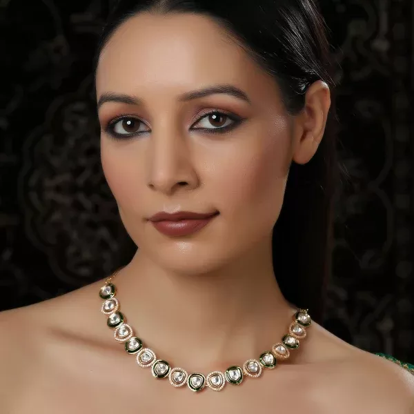 Kundan and Diamond Neckpiece with Meenakari (Gold) - Ruby Raang - One Size
