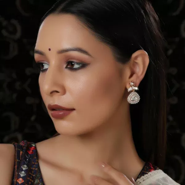 Kundan and Diamond with Pink Stones Dangler Earrings (Gold) - Ruby Raang - One Size