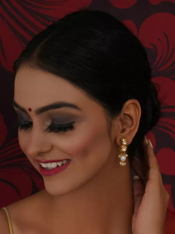Kundan Earrings with Pearl Drops (Gold) - Ruby Raang - One Size