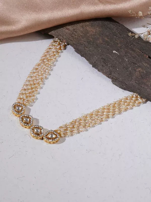 Kundan & Pearl Neckpiece (Gold) - Ruby Raang - One Size