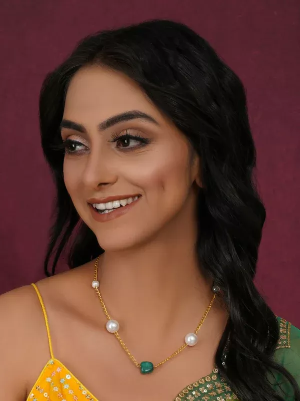 Layered Pearl and Emerald Neckpiece (gold) - Ruby Raang - One Size