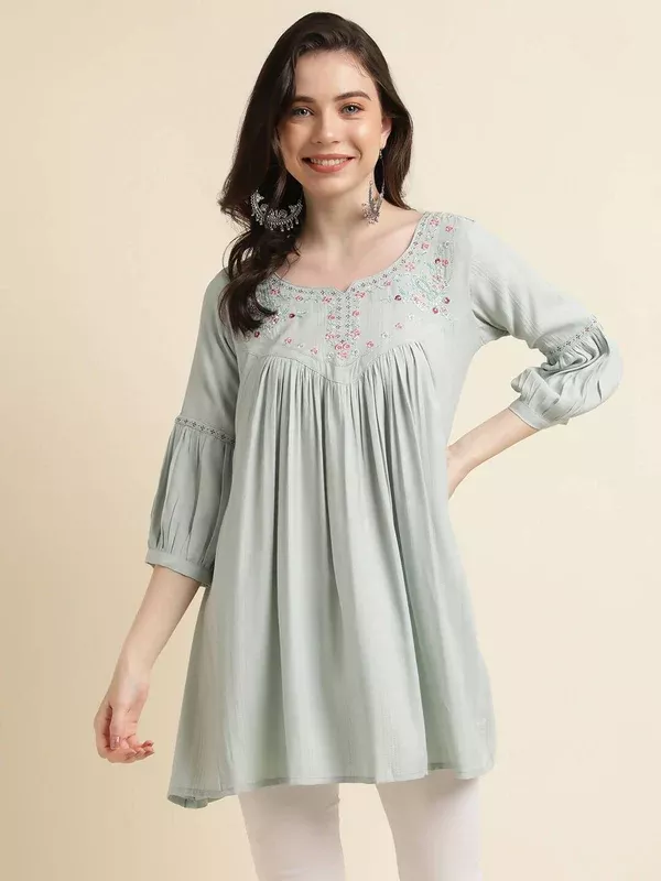 Light Blue Poly Cotton Yoke Embroidered A-line Top - Tarini - S