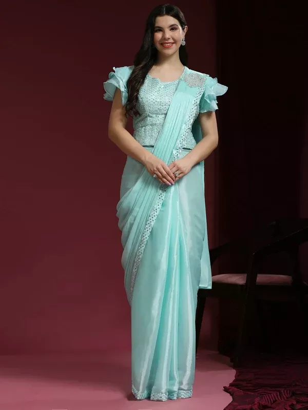 Light Blue Silk Satin Sequence Work Ready to Wear Saree with stitched Blouse - Nirvana - Free Size