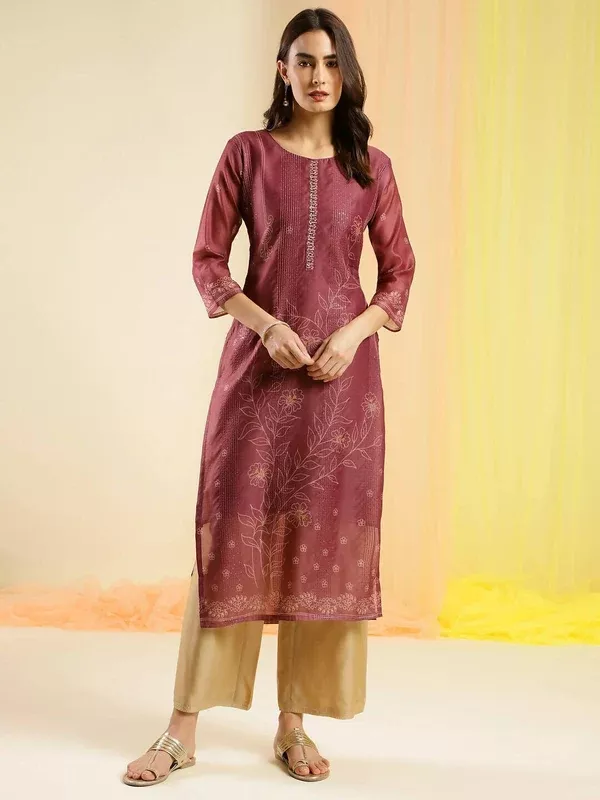 Maroon Chinon Digital Printed With Hand Work Kurta - Himanshi - M