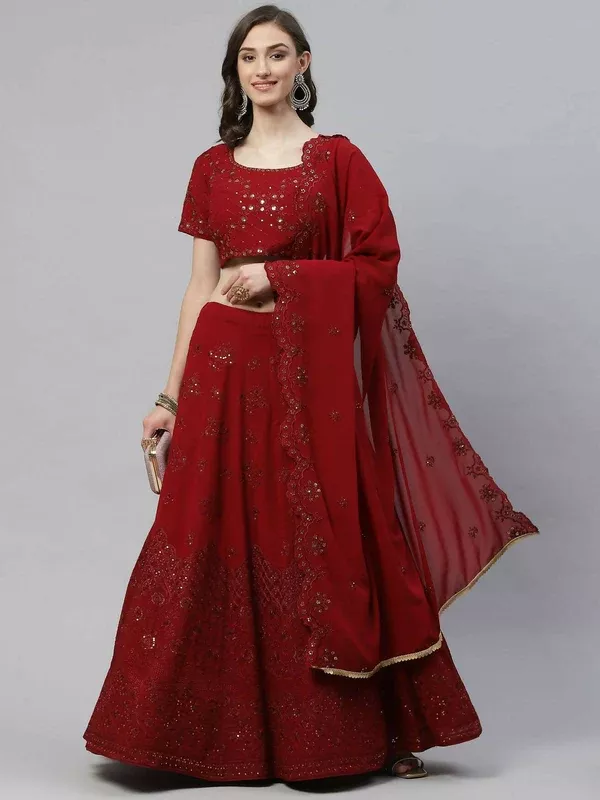 Maroon Georgette Thread with Sequins Embroidered work Lehenga Choli with Dupatta - Jivika - Stitched Upto 42