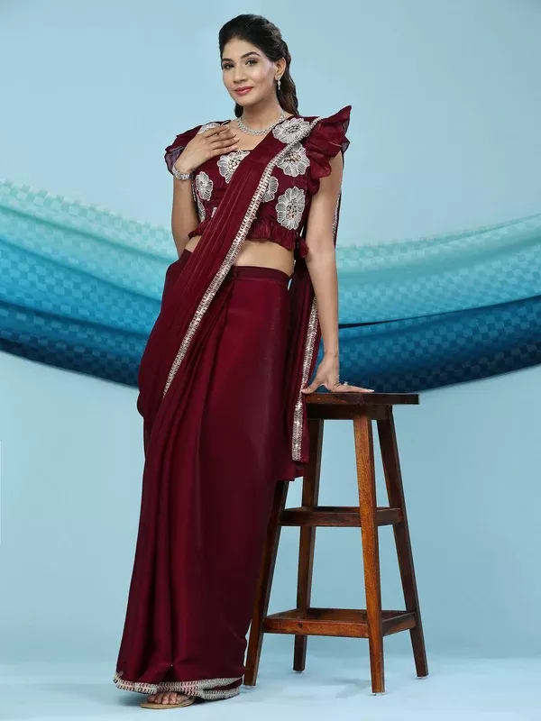 Maroon Silk Satin Sequence Work Ready to Wear Saree with stitched Blouse - Nirvana - Free Size