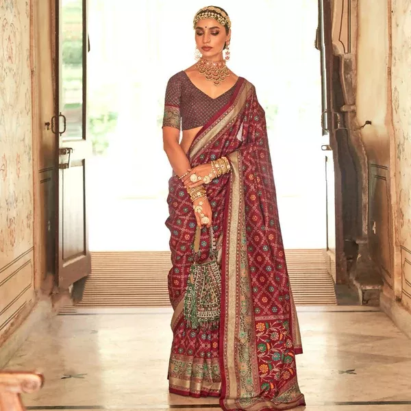 Maroon Silk With Banarasi Print Work Saree - Trirath Yamuna