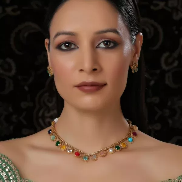 Multi Colored Stone in Gold Choker with Earrings (Multi Color) - Ruby Raang - One Size