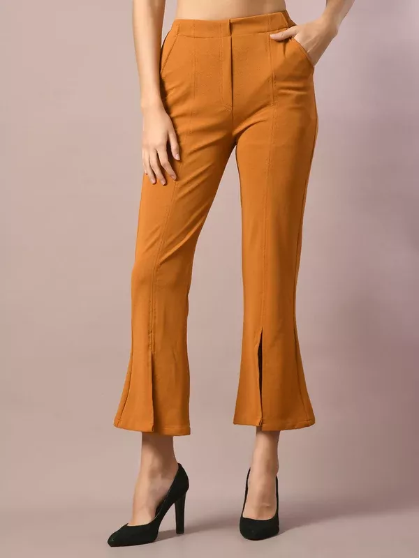 Myshka Women's Mustard Solid Party Parallel Trousers - S