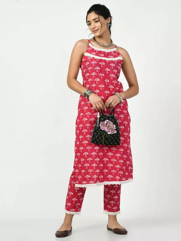 Myshka Women's Pink Printed Kurta With Trouser - S