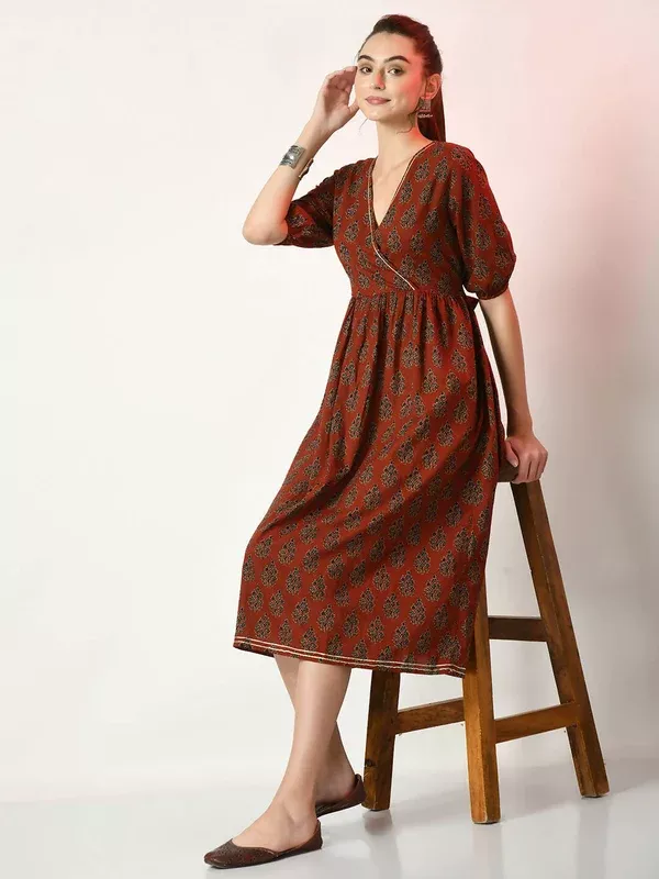 Myshka Women's Rust Empire Printed Dress - M